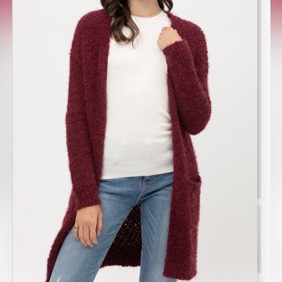 COZY FUZZY KNIT LONG CARDIGAN SWEATER  - WINE - Picture 3 of 4